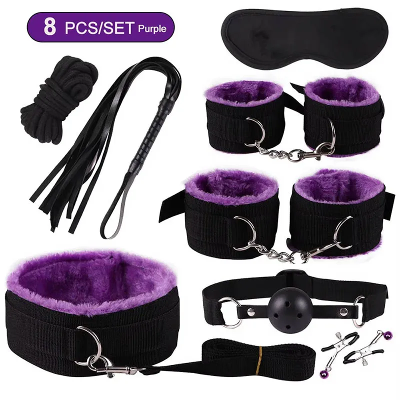 SM Bondage Set Sexy Plush Handcuffs Leather Whip Big Mouth Balls Teethers Nipple Clips Couple Sex Toys Two Exotic Accessories