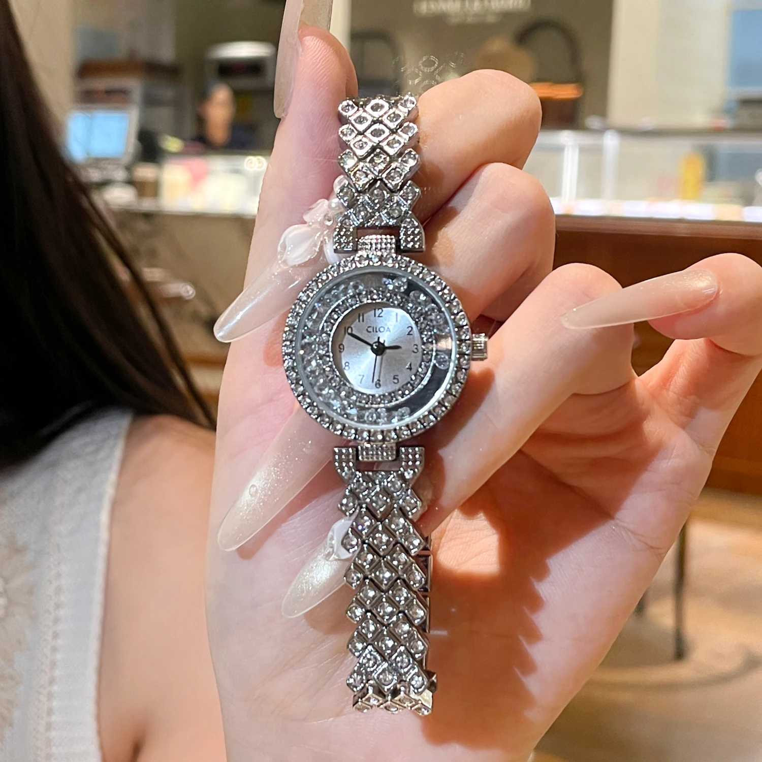 

CILOA Womens Round Full Diamond Watch Silver Rhinestone Geometric Link Bracelet Bling Luxury Party Quartz Wristwatch