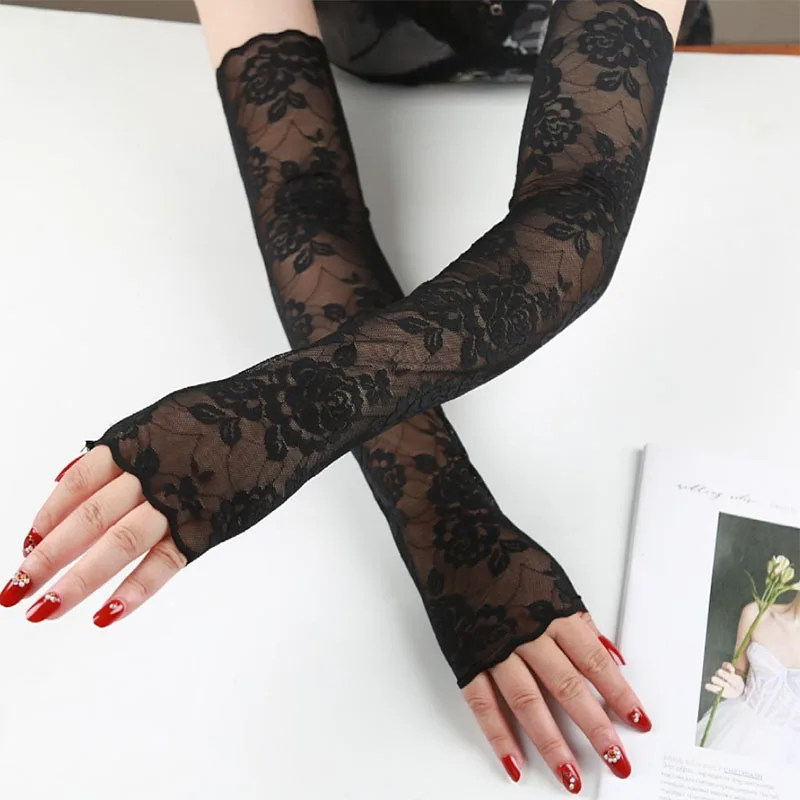 

New Summer Cold Lace Long Sleeves Arm Cover Women Cuff Hollow Flower Hand Sleeves Driving Arm Sleeve Fingerless Fake Sleeves