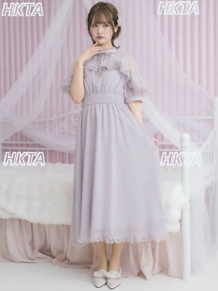 

Japanese Style Lolita Sweet Lace Splicing Waist Stand Up Neck Short Sleeves Dress Women Elegant Bow Strap Chiffon Long Dresses
