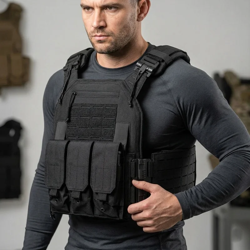 Quick Release Tactical Vest Polyester Carrier with Triple Mag Pouch Airsoft Hunting Vest for Outdoor Training Activities
