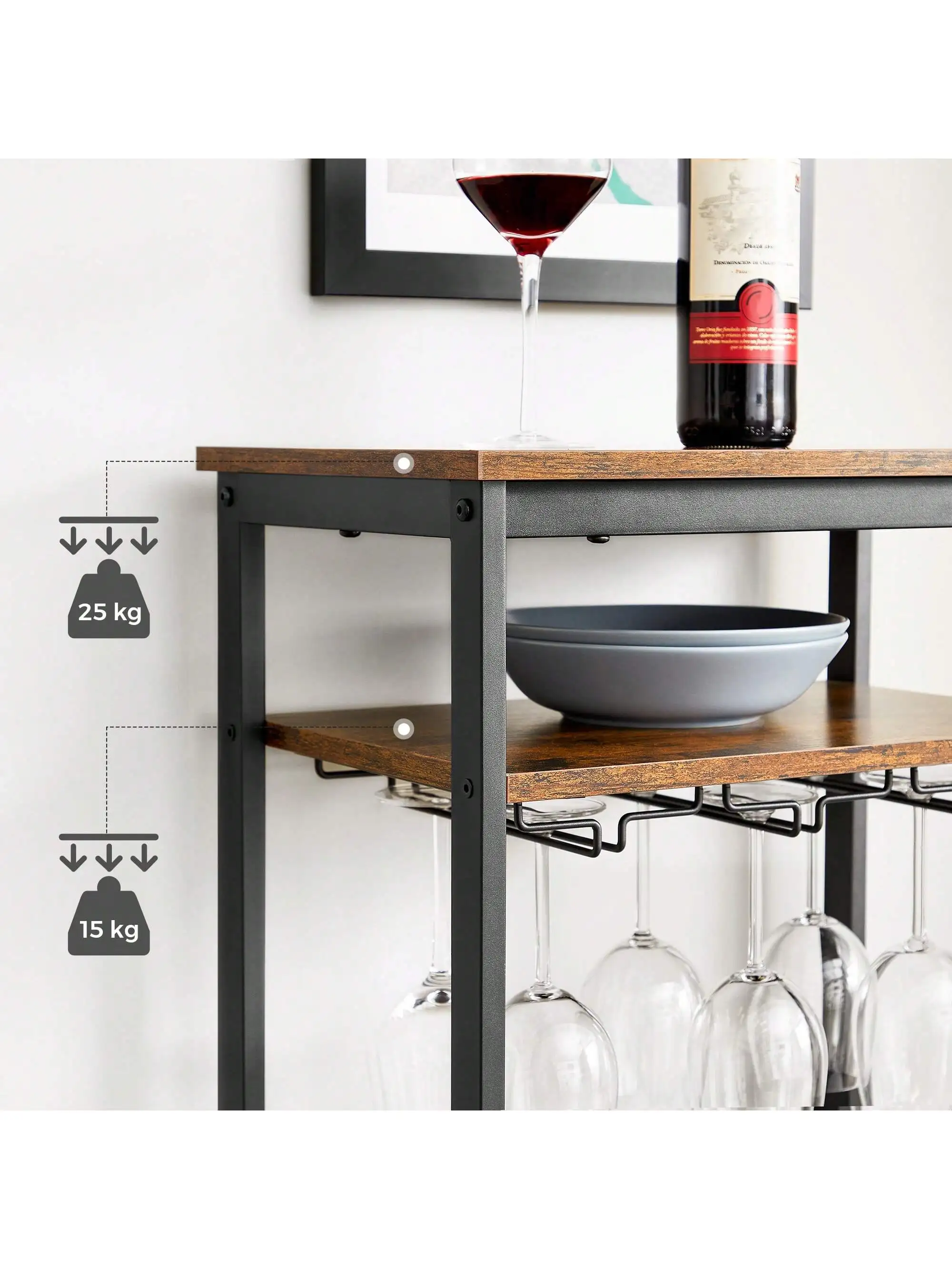 VASAGLE Wine Rack: 20-Bottle with Glass Holder, Cellar, Kitchen, Dining Room, Industrial Style, 50 x 32 x 100 cm