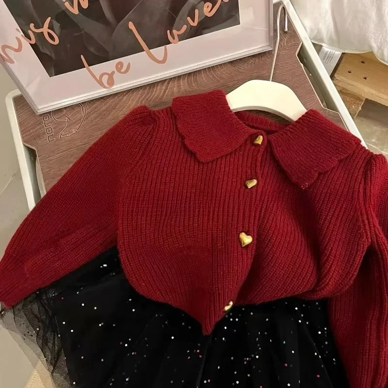 

Свитер, вязаный кардиган, корейская детская одежда, осенний милый кукольный воротник для девочек, отложной воротник, 2025 г., в полоску