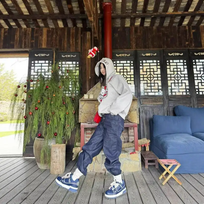 후드티 고양이 프린트 긴 소매 루즈핏 남녀 공용 달콤한 만화 스타일 다용도 가을 겨울 고급형