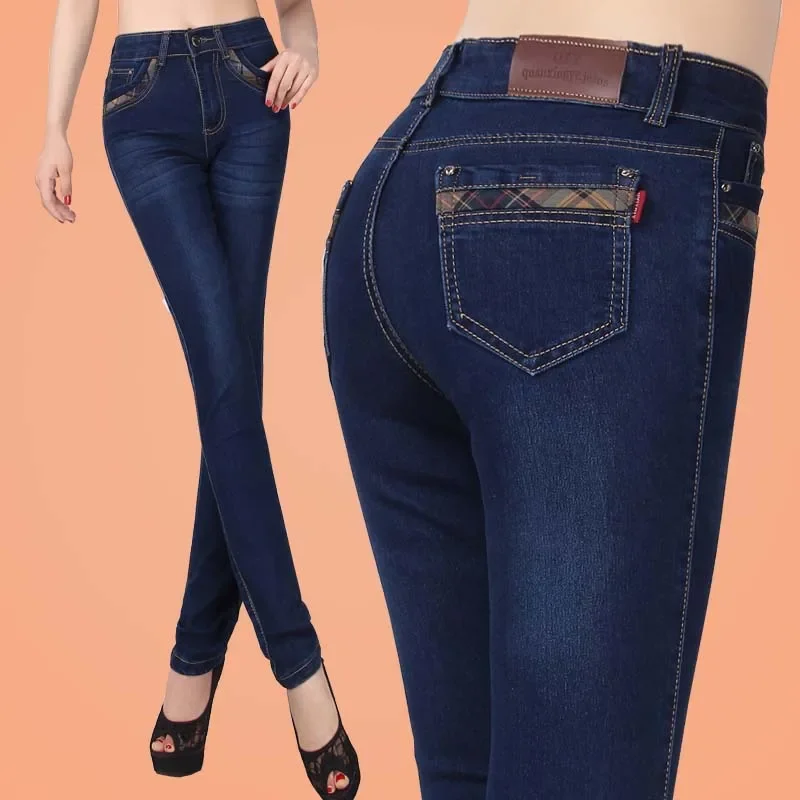Jeans de Cintura Alta, Corte Recto, Elásticos, Finos, de Verano, para Mujer, Estilo Casual, con Adornos Metálicos, para Damas de Mediana Edad