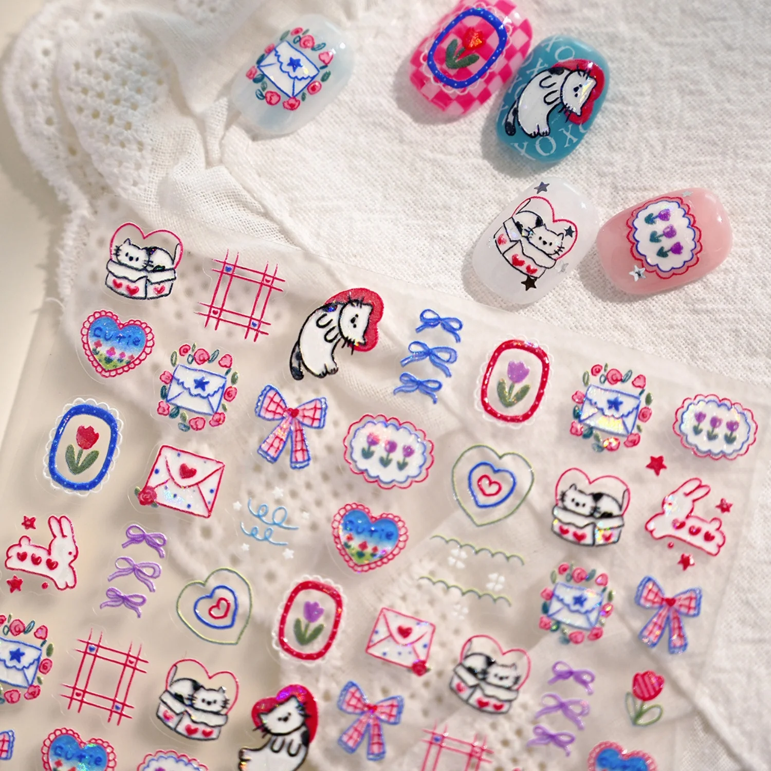 Koreanische Handgezeichnete 5D Nagelaufkleber Blau Rosa Haustiere Tulpen Umschlag Kariert Schleife Niedliche Selbstklebende Süße Nagelkunst-Sticker