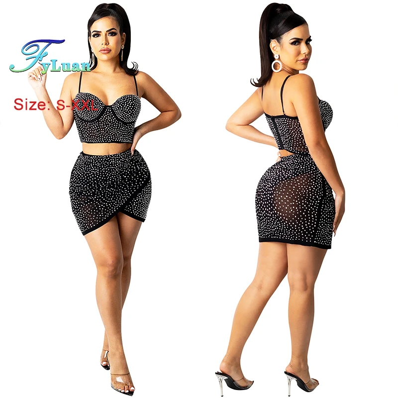

2025 Sexy Two Piece Sets Women Skirts Suits Mesh Sheer Rhinestone Crop Top and Mini Skirt Night Club Party Outfits Matching Set