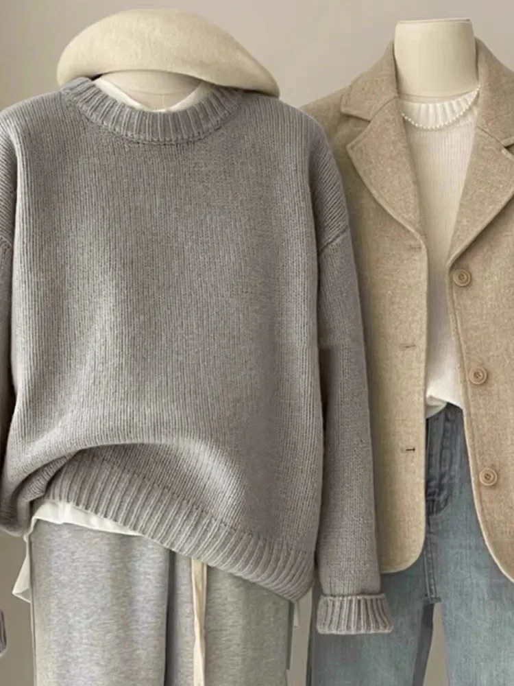 

New High Quality Wool Knitted Women's Sweater Korean Fashion Solid Color O-Neck Long Sleeves Casual Loose Pullover Knitwear