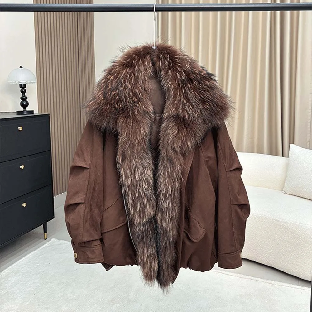 Chaqueta de piel de invierno para mujer, chaqueta acolchada con cuello de piel de zorro auténtica grande, Parkas holgadas y cálidas, abrigo de plumas de ganso para mujer