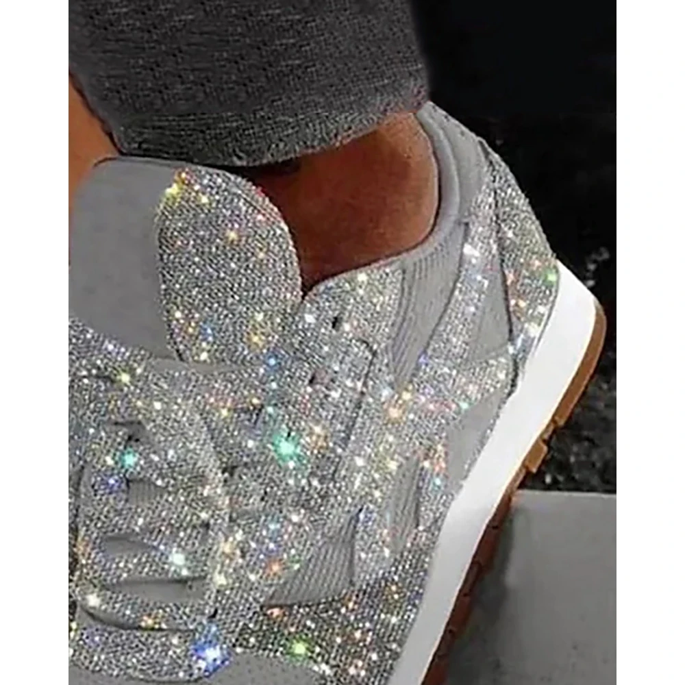 Women Bling Contrast Sequin Breathable Mesh Lace-up Sneakers Daily Casual Round Toe Flat Sports Shoes Spring Fashion Going Out