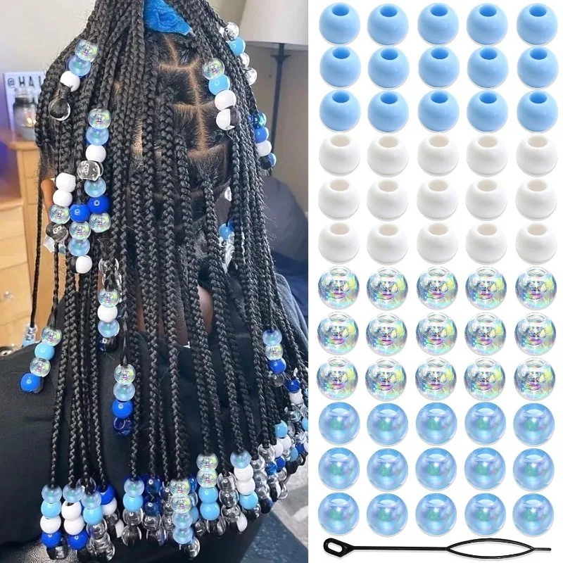60Pcs Hair Beads for Braids with Beader Tool, Matte & AB Holographic Pony Beads for Kids Girls, Colorful Loc Beads Set for Hairs