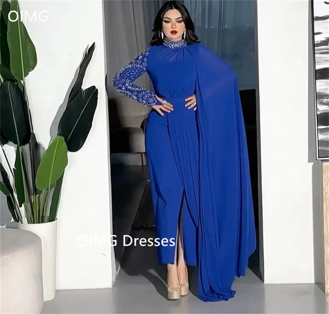 

OIMG Fashion Saudi High Neck Elegant Blue Prom Dresses Long Bell Sleeves Long Sequined Crystals Evening Gowns Formal Party Dress