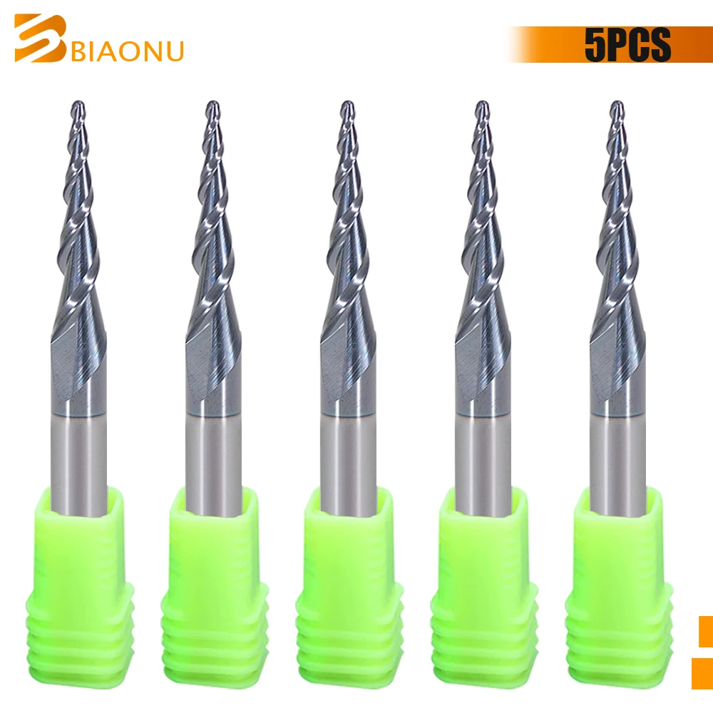 

Biaonu 5Pcs Tapered Ball Nose Milling Cutter Cnc Router Tool D3.175-D8 Tungsten Carbide Ball End Mill Taper Milling Bit for Wood