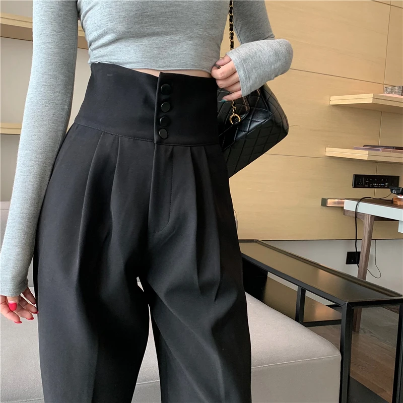 Women Harem Pants Korean Casual Spring Autumn High Waist Trousers Female Solid Buttonn Dressing Relaxed Fit Pleated Pants