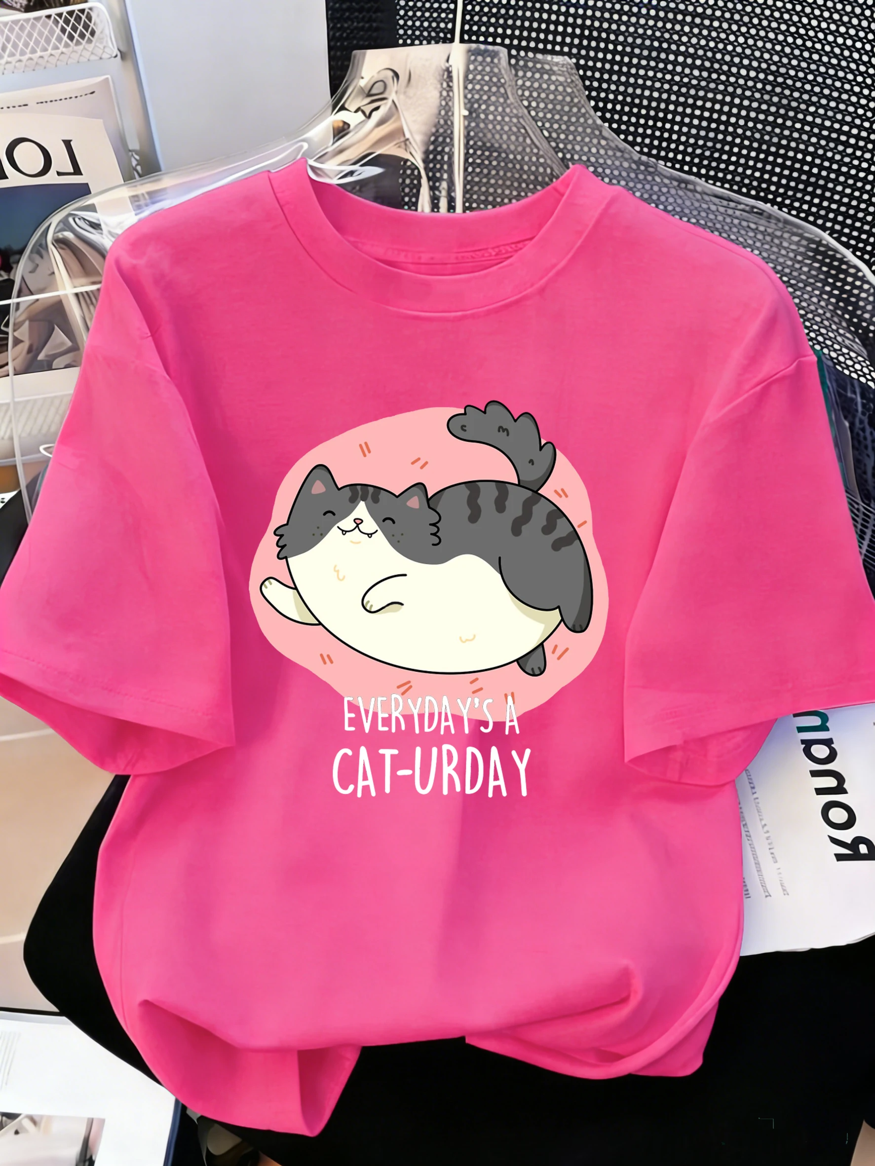 Fröhliches Cartoon-Katzen-Motiv Bedrucktes 21-Farben Basic T-Shirt für Herren Sommer Lässige Streetwear Weiche Oversize-Kleidung Baumwolle Allround-T-Shirt