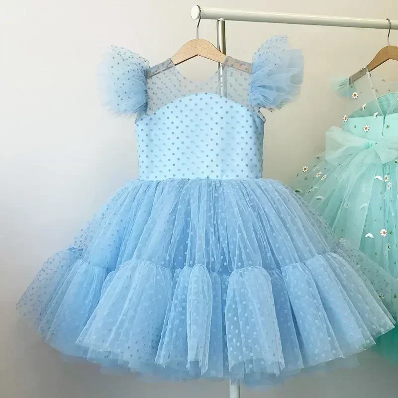 Summer Girl Dresses for Kids Birthday Party Outfits Polka-Dots Flying Sleeve Princess Dress Children Pageant Wedding Formal Gown