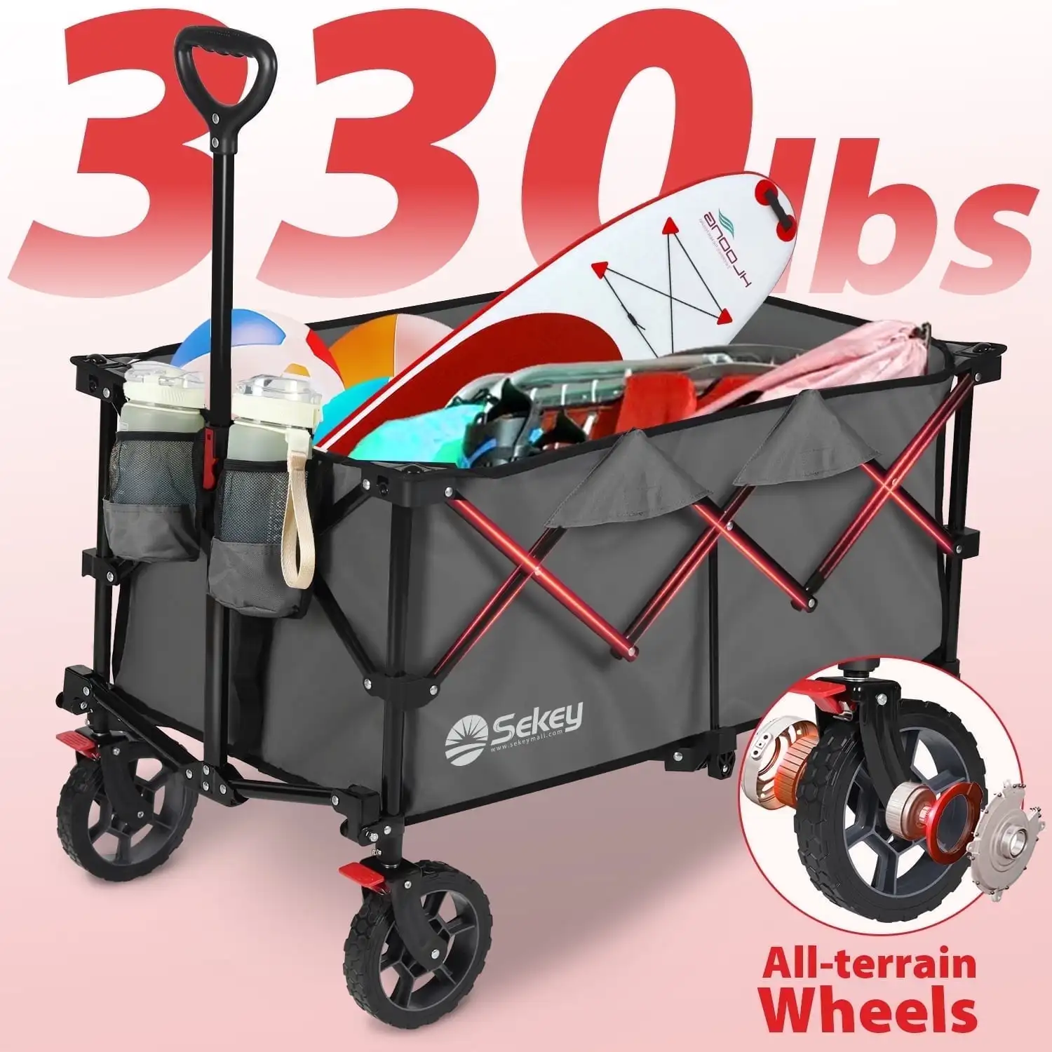 

330LBS220LCollapsible Wagon Cart, Foldable Garden Wagon, Heavy Duty Folding Utility 600D Oxford Fabric Beach Cart with Big Wheel