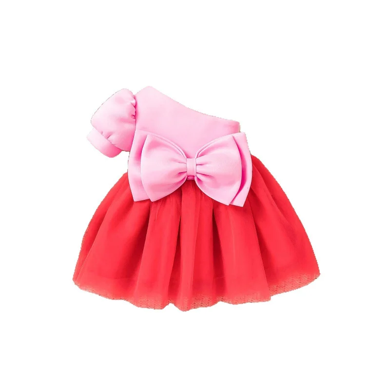 

Summer Hot-Selling Girls' Dress Infant Toddler Bowknot Puff Sleeve Patchwork Mesh Dress Princess Dress