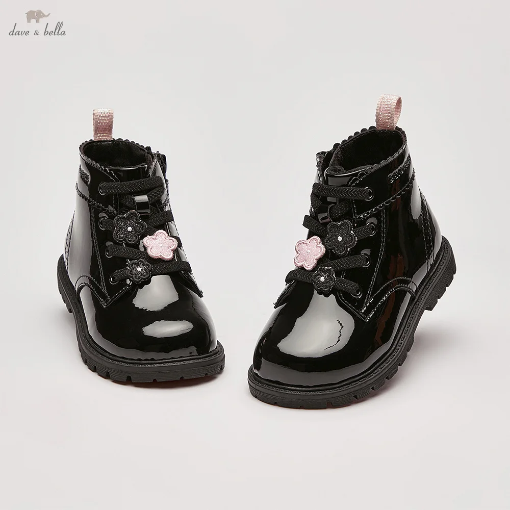 Dave Bella Winter Children's Short Leather Boots Fashion Casual Girls' Black Anti Slip Shoes Comfortable Outdoor Warm DB4254473