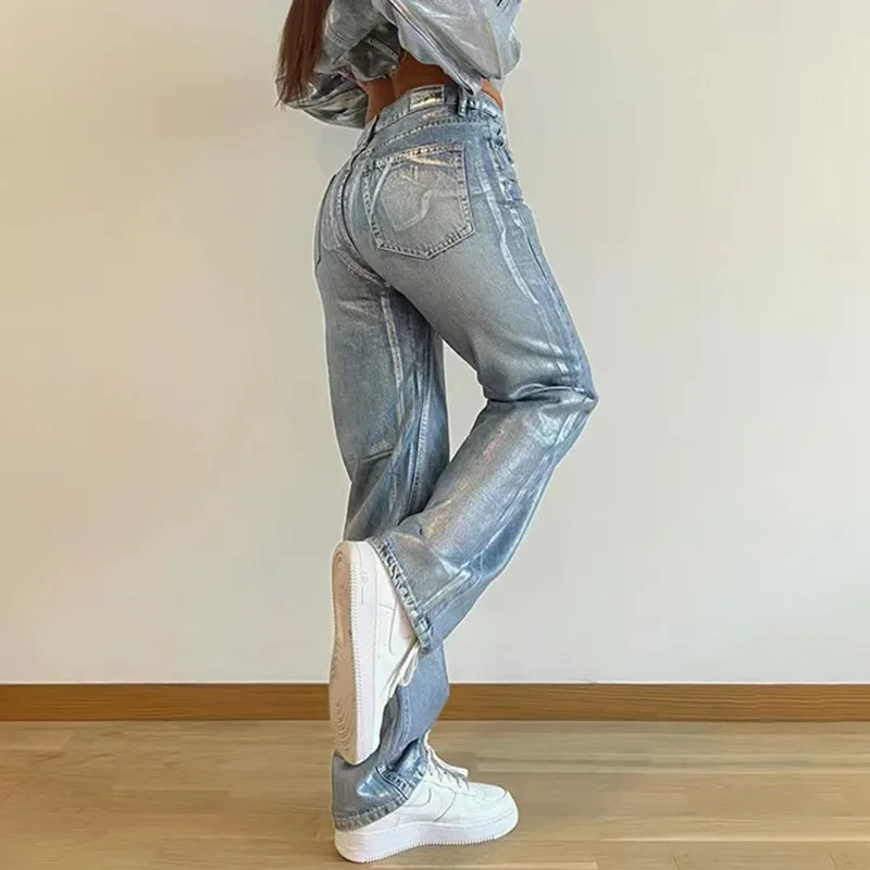 Y2k American Low Waist Straight Jeans for Women 2024 Fashion Streetwear Retro Printing Loose Wide Leg Denim Trousers Female