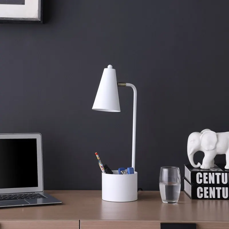 

Студенческий белый металлический рабочий стол с органайзером, теплый ретро-элитный атмосферный светильник, конический абажур с затемнением по времени