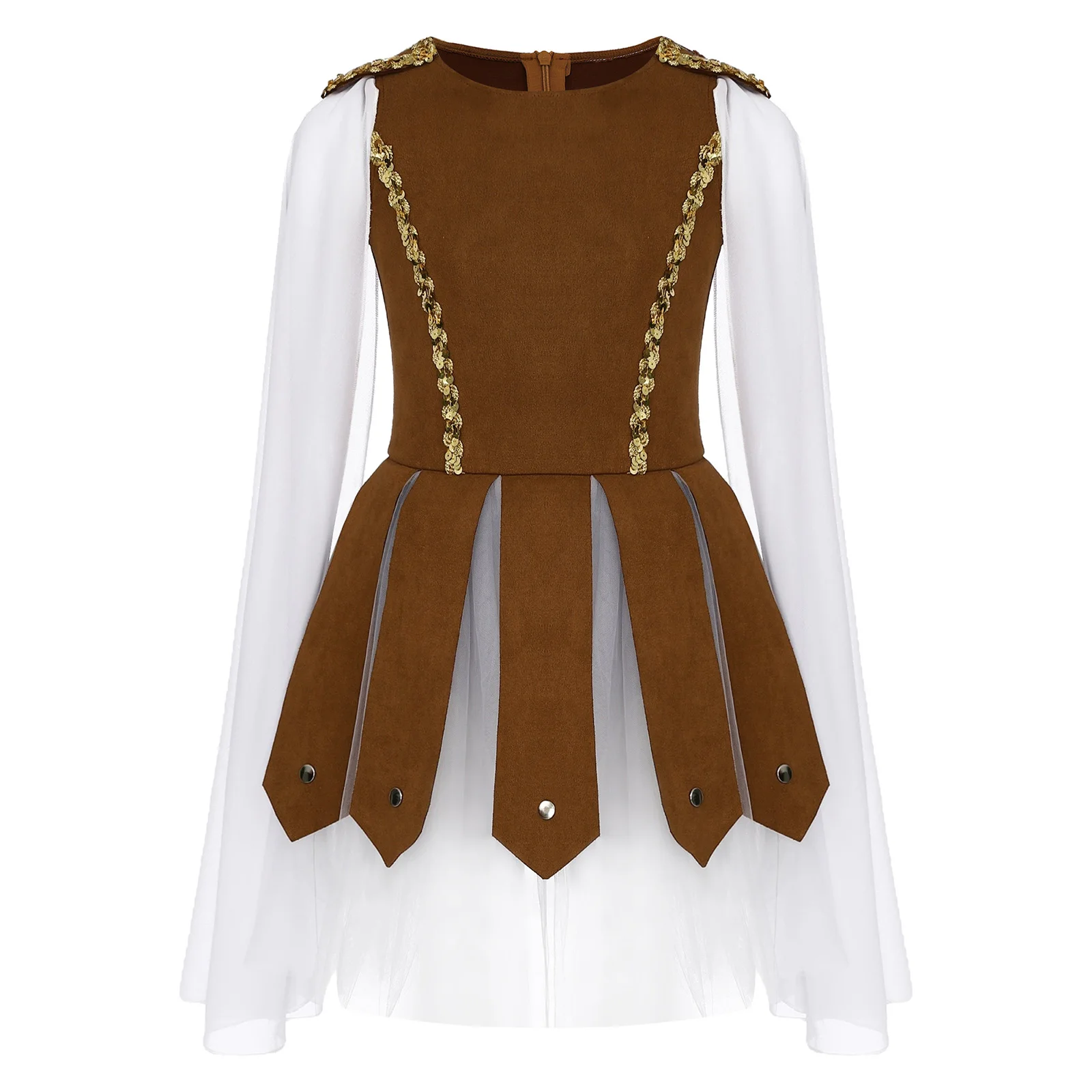 

Kids Girls Roman Soldier Gladiator Costume Shiny Sequins Adornment Round Neck Flying Sleeve Puffy Dress Warrior Cosplay Dress