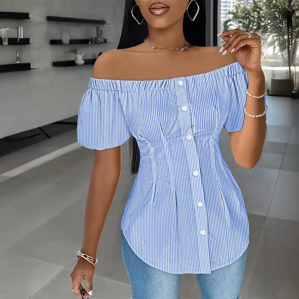 

Off Shoulder Striped Short Sleeve Shirt Single Breasted Fashion Casual Women Shirts Blouse Top