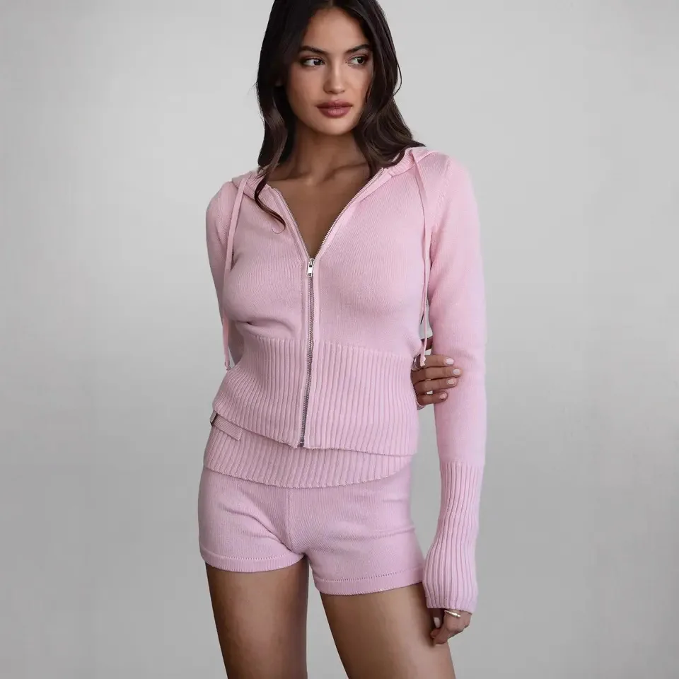 

Knitted Hoodie Tops 2 Piece Pant Set Outfits 2025 Winter Fall Women Y2K Streetwear Sexy Elegant Two Piece Set Shorts Pant