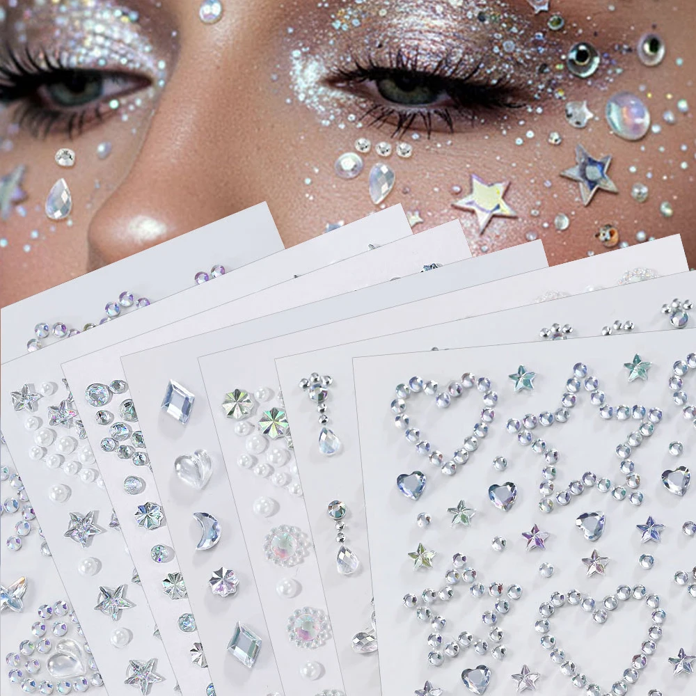 1 Stück 3D Stereo Gesichts-Make-up-Aufkleber Augen-Strass-Edelstein-Tattoo-Aufkleber Transparente Bunte Stern-, Mond-, Herz-, Gesichts-Diamant-Aufkleber # lt – Detail 1