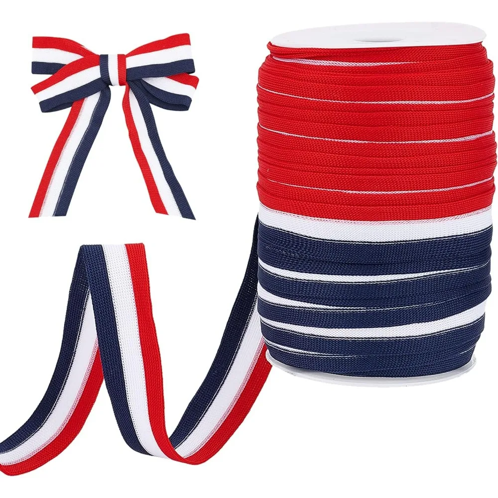 40 Yards 4th of July Striped Ribbon Memorial Day Fabric Grosgrain Ribbon Double Face Weaven Edge White Blue Red Ribbon for Bow