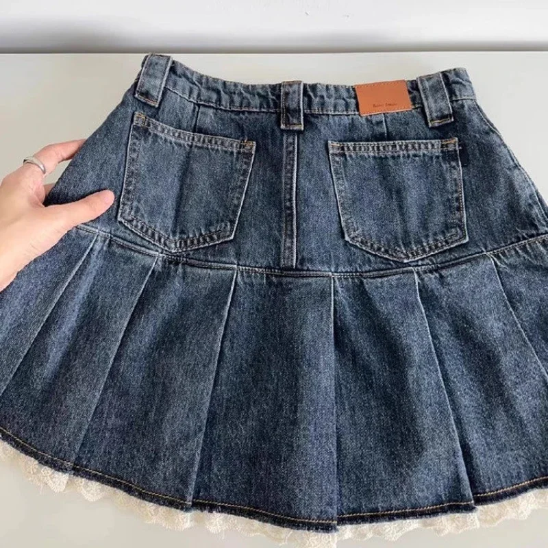 Vintage Denim Skirt Sweet Women Mini Skirts Lace Retro Y2K Patchwork Pleated Blue Casual Korean Streetwear Short Skirt