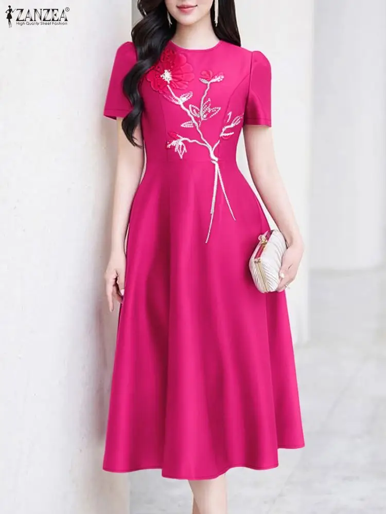 

ZANZEA Elegant Women Party Midi Dresses Visually 3D Floral Print A-Line Dress Short Sleeve Fitted Waist Wedding Guest Clothes