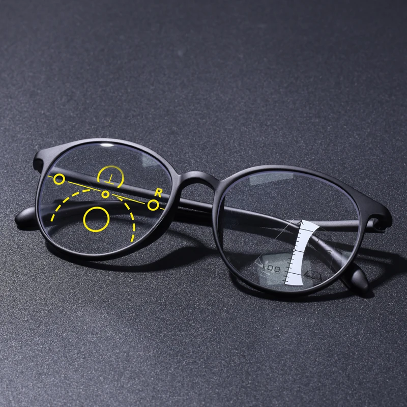 Lunettes de lecture multifocales à monture ronde noire TR90, lunettes de mode pour femmes, progressives, anti-lumière bleue, presbyopes, +125+175+