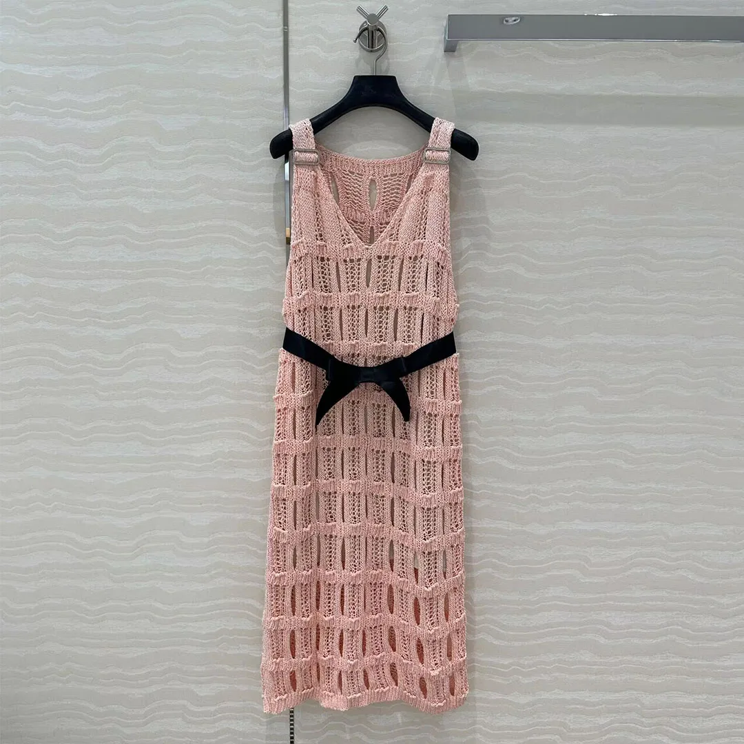 

2025 New Fashion Pink Crochet Hollow Out V-neck Sleeveless Knitted Sweater Long Dress Women High Waist Bow Belt Sweet Dresses