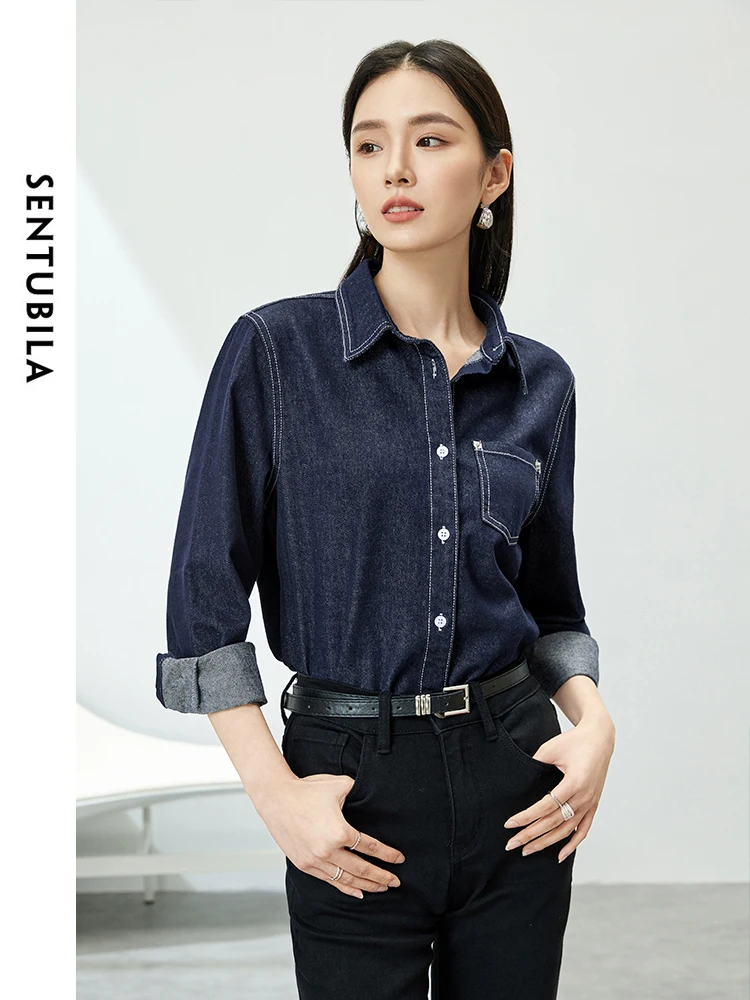 SENTUBILA Denim Shirt for Women Spring 2024 Korean Fashion Long Sleeve Tops Casual Button Up Shirt Jacket Outerwear W41C53537