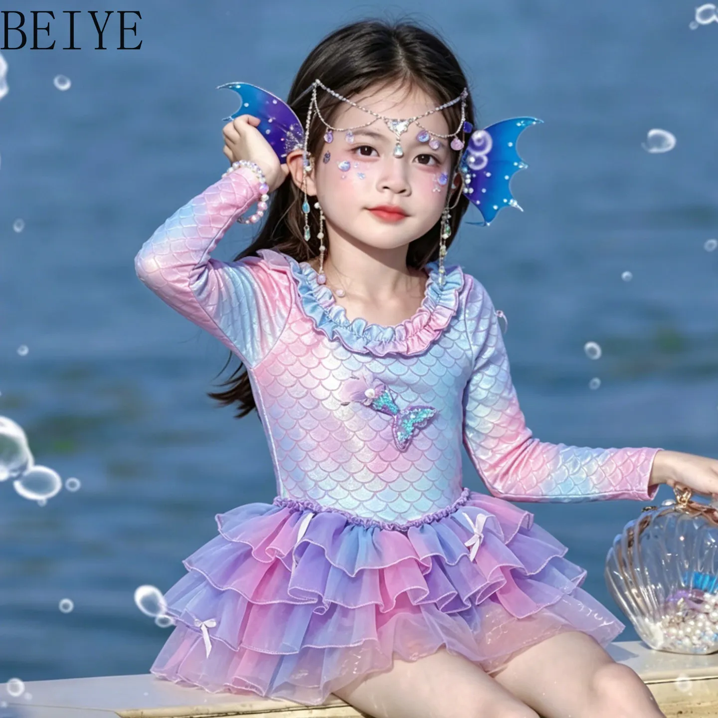 Girls' One-piece Swimsuit 2026 Summer Children's Swim Suit Long Sleeve Sun Protection Princess  Swimwear Kids Swim Wear