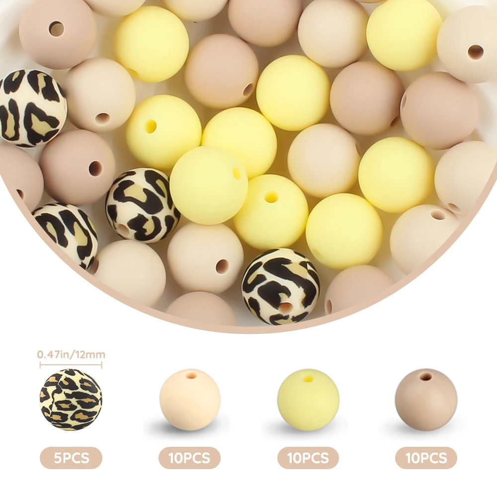 

35Pcs 12MM Silicone Round Beads Set Food Grade Infant Pacifier Clip Teether Chain Oral Care Chew Leopard Print Baby Teething Bea