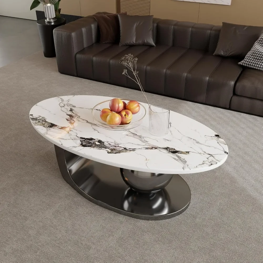 

Modern Oval Coffee Table for Living Room, 51.2" Sintered Stone Coffee Tabletop with Black Stainless Steel Base