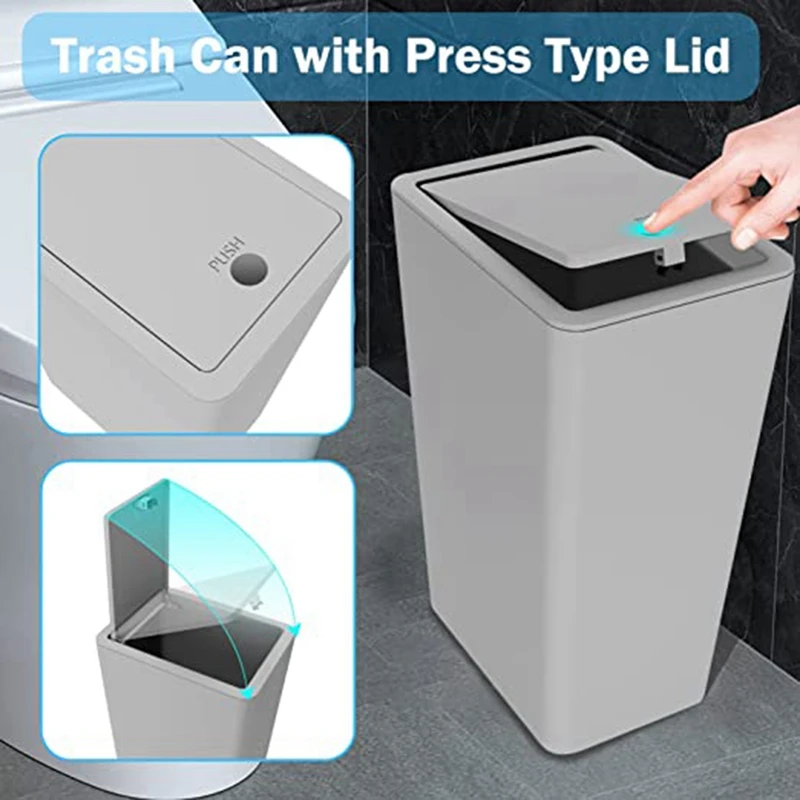 3PCS Bathroom Trash Can With Press Type Lid Small Slim Garbage Bin Wastebasket For Kitchen/Bedroom/Office, Grey 3PCS Grey