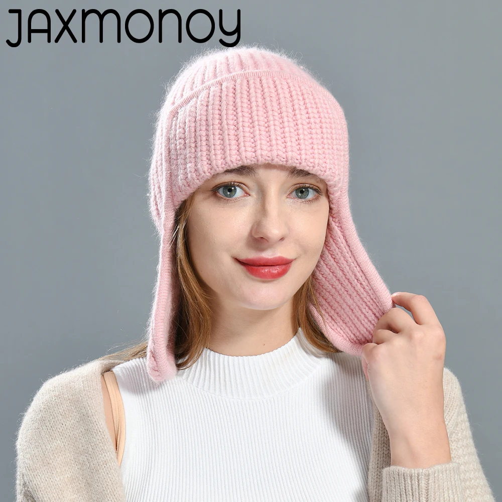 Jaxmonoy Women Cashmere Beanie Hat Autumn Winter Solid Comfortable Warm Hat With Earflaps 2022 New Thicken Female Skullies Cap