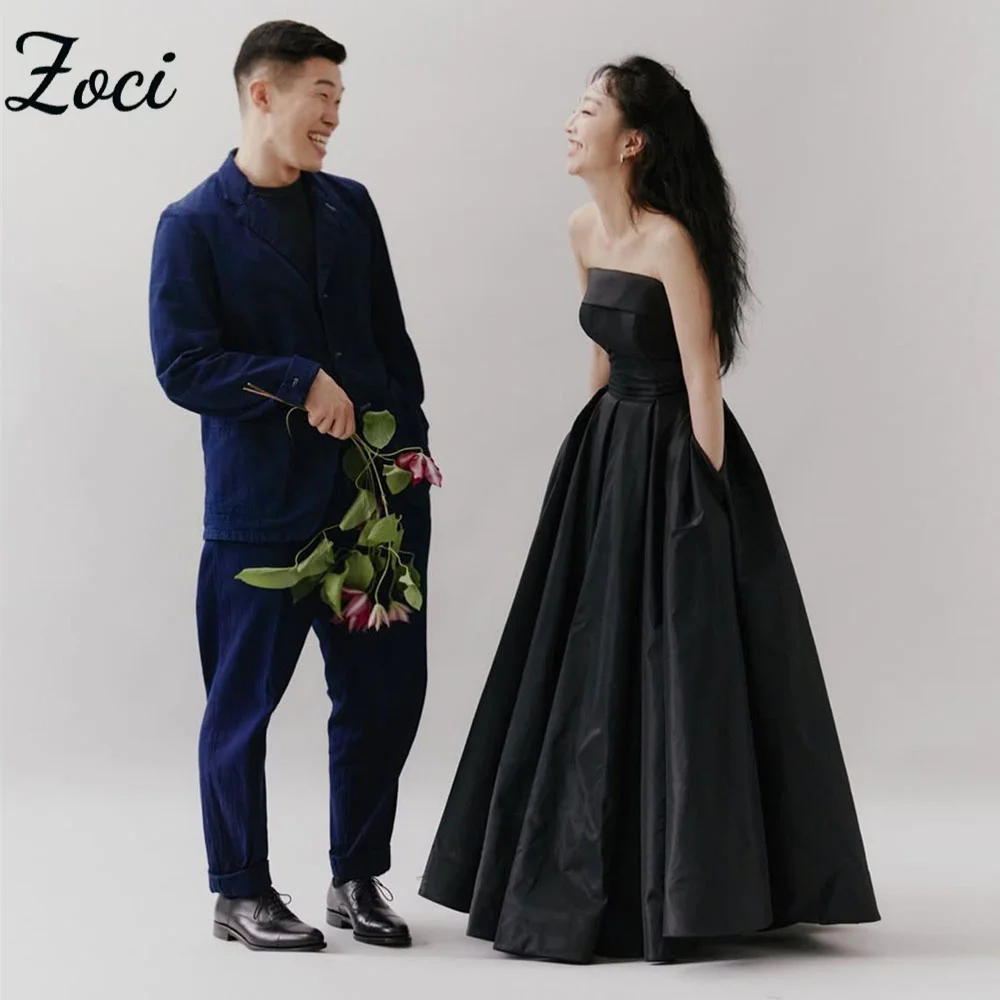 

Zoci Elegant Black Korea Evening Dresses Strapless Satin Customized Wedding Photo Shoot Dress Floor Draped Bridal Party Dress