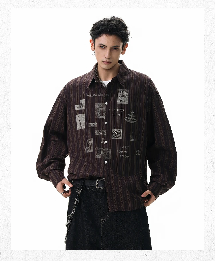 2025 Spring and Autumn Street Style Striped Print Coffee Color Long Sleeve Shirt Men's American Casual Loose Apricot Shirt