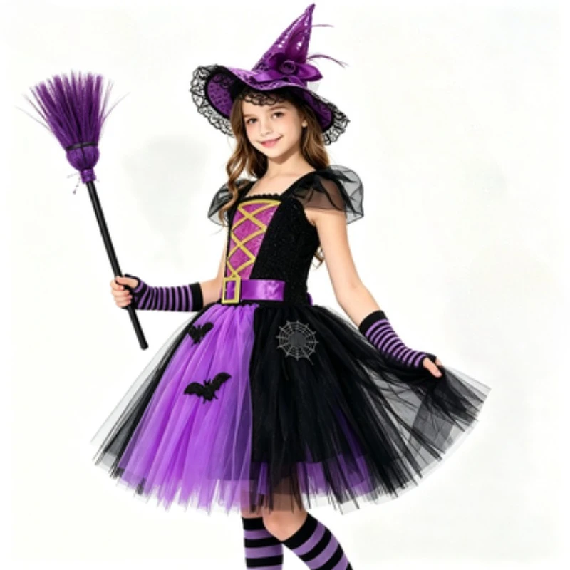 Girls' Little Witch Halloween Costume, Bat & Spider Web Tulle Skirt, Kids Party Princess Dress, Fancy Dress for Party Role Play