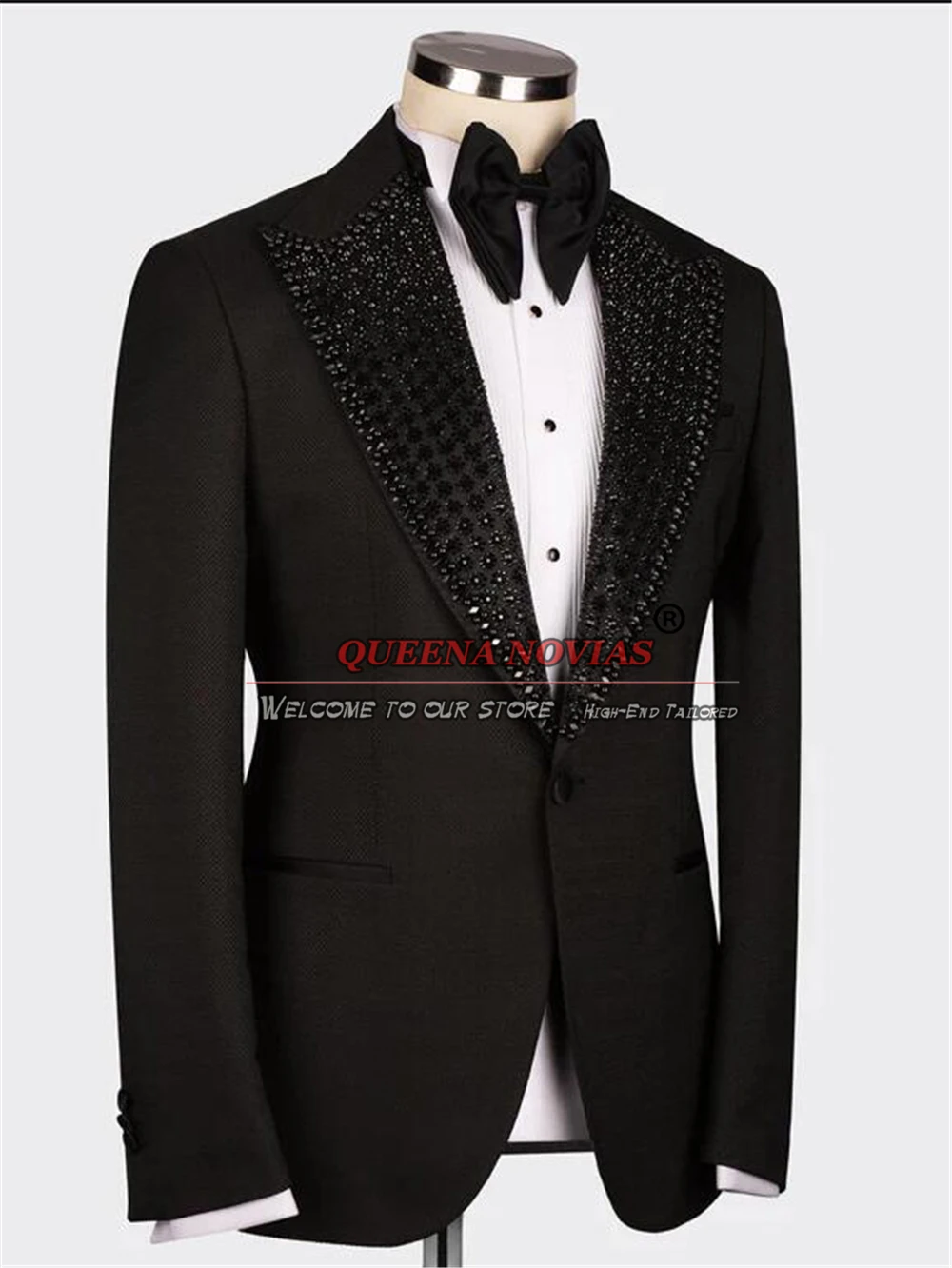 Formal Men Suits Groom Custom Tuxedo Tailor-Made Black Beaded Lapel Jacket Vest Pants 3 Pieces Wedding Banquet Prom Man Dress