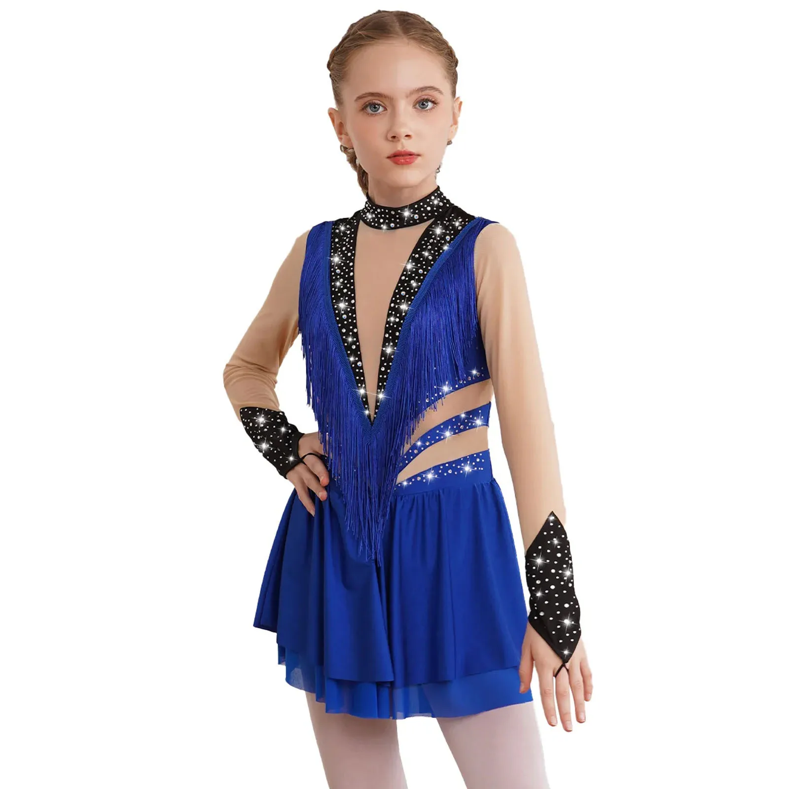 Kids Girls Figure Skating Dance Dress Ballet Gymnastics Acrobatics Dancewear Tassel Rhinestone Sheer Mesh Leotard Tutu