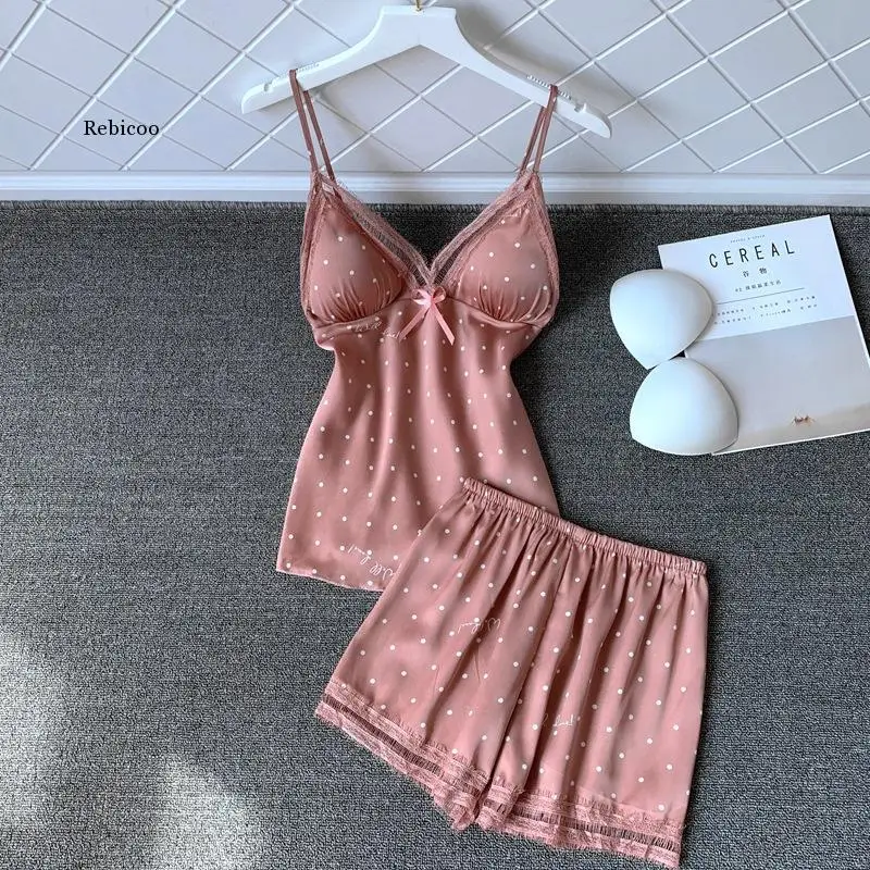 

V-Neck Sleeveless Nightwear Womens Strap ampShorts Pajamas Sets Summer Lace Sleepwear Sleep Suit Lounge Satin Home Wear Pijamas