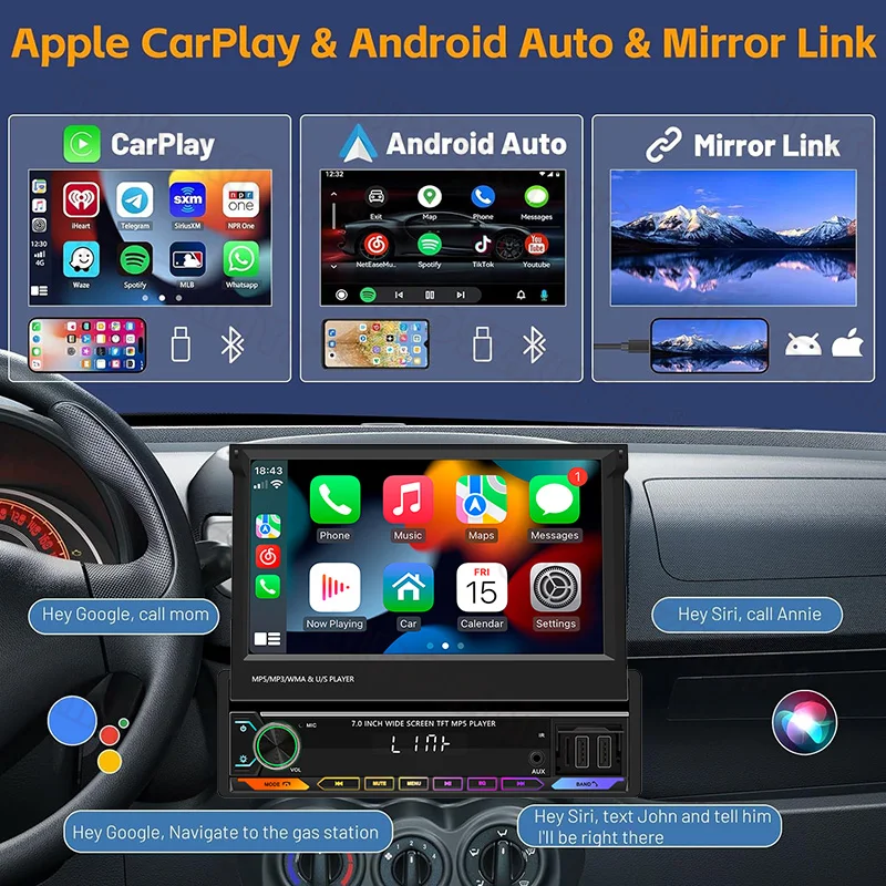 Autoradio Touch Screen retrattile da 7 pollici lettore Video multimediale singolo Din Wireless Carplay ricevitori Audio per Auto Android