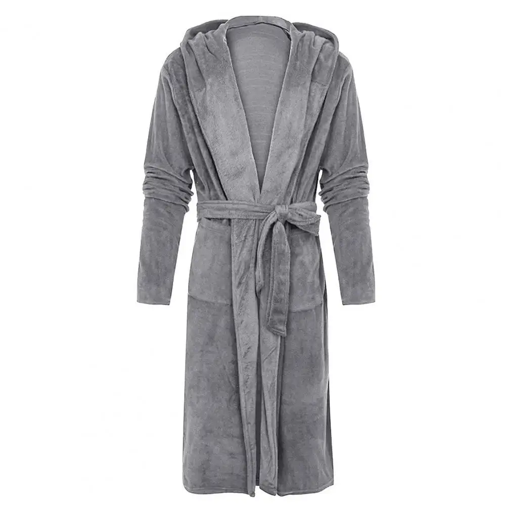 Fleece Nightgown Ankle Length Men Bathrobe Waist Lace-up Winter Warm Hooded Long Fleece Home Gown Sleepwear Anti-freeze