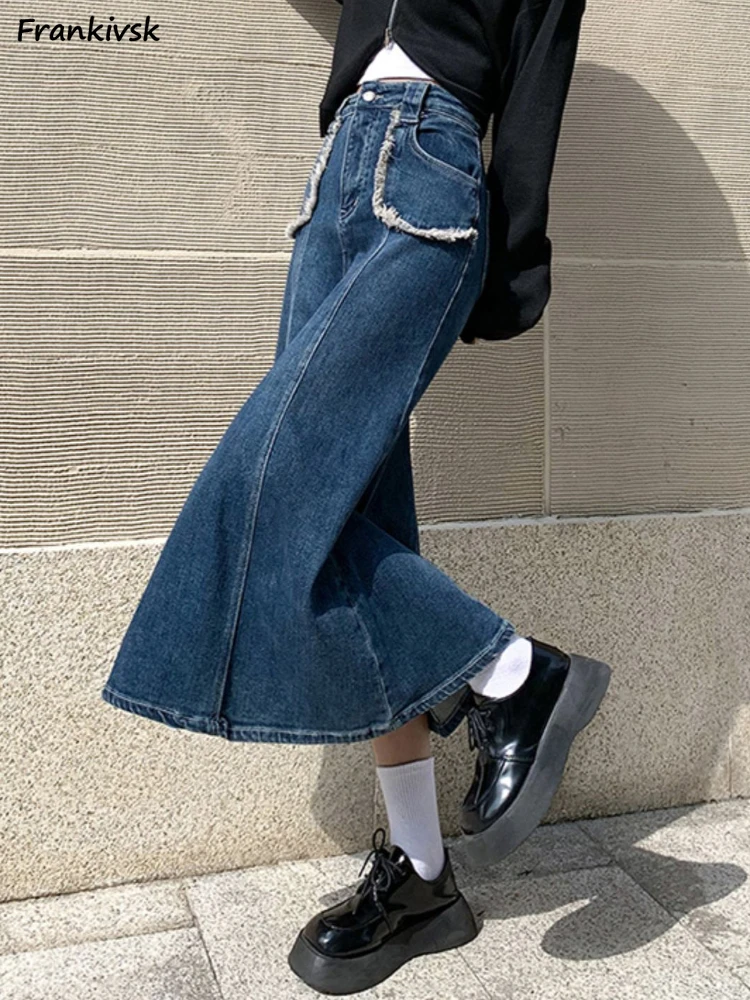 

A-line Skirts Women Retro Pocket Japanese Style Autumn Harajuku Y2k Chic Trumpet Falda Aesthetic High Street All-match Denim Ins