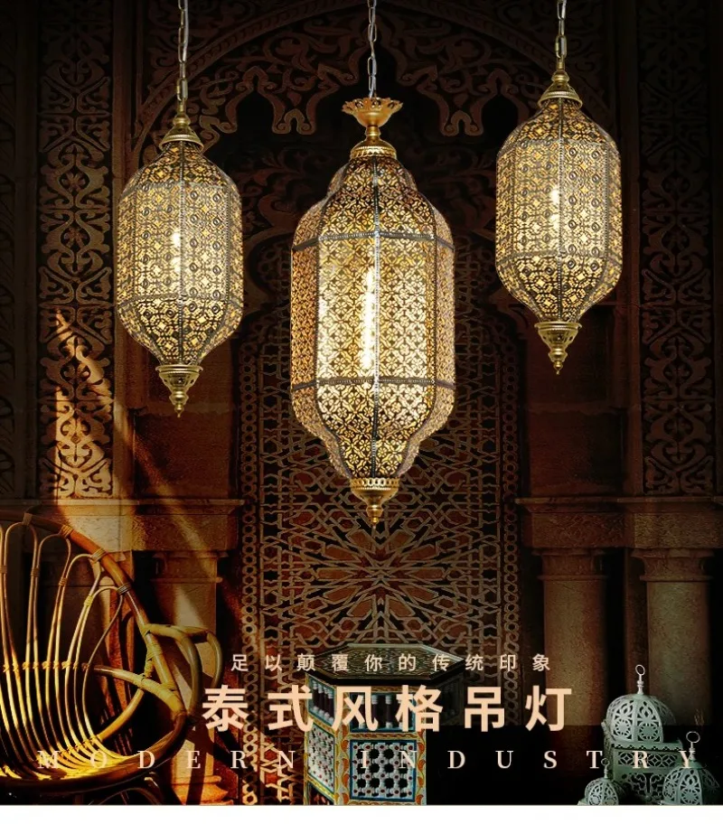 Moroccan Vintage Brass Hollow Metal Pendant Light Led E27 Southeast Asia Style Decorative Lamp For Restaurant Home Bar Decor